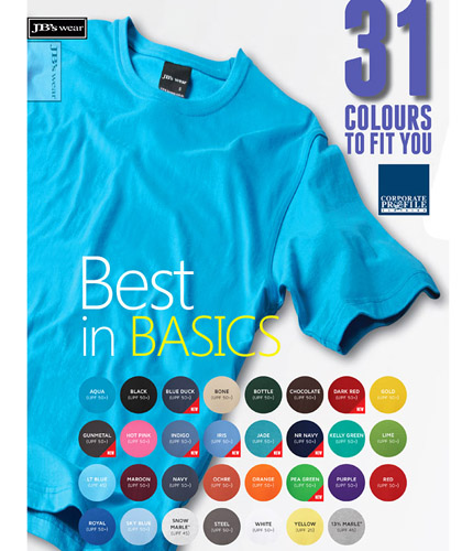 Best in Basics T-Shirts for 2018 #1HT With Printing Service for Business and Clubs. The JB's Tee #1HT is available in 23 colours. The impressive 190 gsm jersey fabric is comfortable to wear, has a modern fit style, and is easy and inexpensive to coordinate for staff uniforms, workwear, advertising and teamwear. Just a few of the features include twin needle double stitched seams for long lasting value. The elastane rib neck keeps its shape for neater appearance which is great if worn for staff uniforms or outdoors workwear etc.  The JB's Tee 1HT complies with the Australian Standard for UPF Protection-AS/NZS 4399:1996. for Corporate Sales Enquiry Call Free 1800 654 990 Customers appreciate the comfort and durability of this very good t-shirt.