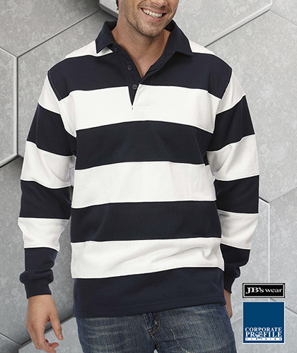 A Winter Winner! Stock service Rugby ready for your logo. Long lasting, with 350 gsm rugby knit fabric.. Navy/White are available from 3XS, 2XS, XS, SM, MED, LGE, XL, 2XL, 3XL, 4XL, 5XL right up to Size 7XL. Also available in Navy/Red Stripes. Corporate Profile Clothing FreeCall 1800 654 990